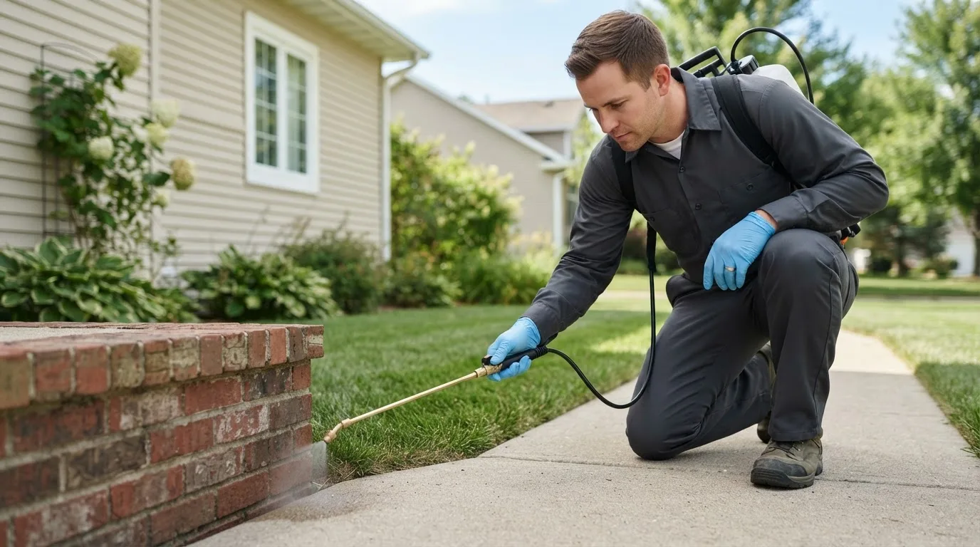 Pest control technician treating a home near Mystic, IA