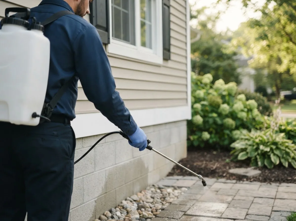Pest control technician inspecting a home in Mystic, IA